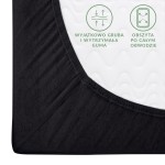 Prześcieradło jersey z gumką w kolorze czarnym, rozmiar 90x200 cm, leżące na białym tle. Widoczna jest wyjątkowo gruba, wytrzymała guma oraz obszycie po całym obwodzie. Kąt ujęcia zbliżony na detal krawędzi produktu.