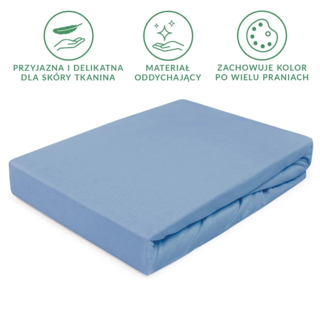Prześcieradło jersey z gumką w kolorze błękitnym, rozmiar 90x200 cm, leżące na białym tle. Materiał oddychający, przyjazny dla skóry, z widocznym delikatnym splotem. Złożone na krawędziach, wygodne do użytku.