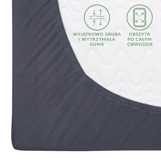 Prześcieradło jersey z gumką 200x220 w kolorze antracytowym, widoczne z góry. Materiał gładki, elastyczny, obszyte mocną gumą wokół. Na białym tle widoczne napisy informujące o właściwościach materiału. Brzeg lekko zaokrąglony.