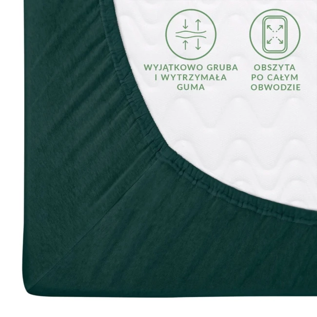 Prześcieradło jersey z gumką 200x220 w kolorze zieleni butelkowej, leżące na białym tle. Widać wyjątkowo grubą i wytrzymałą gumę oraz obszycie po całym obwodzie, z detalami na krawędzi. Produkt w zbliżeniu, ukazując wykończenie i teksturę materiału.