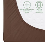 Prześcieradło jersey z gumką 120x200 w kolorze czekoladowym, leżące na białym tle. Zbliżenie na detal gumowego brzegui wytrzymałej struktury, z logo i informacjami o wykonaniu na jasnym tle wewnętrznym.