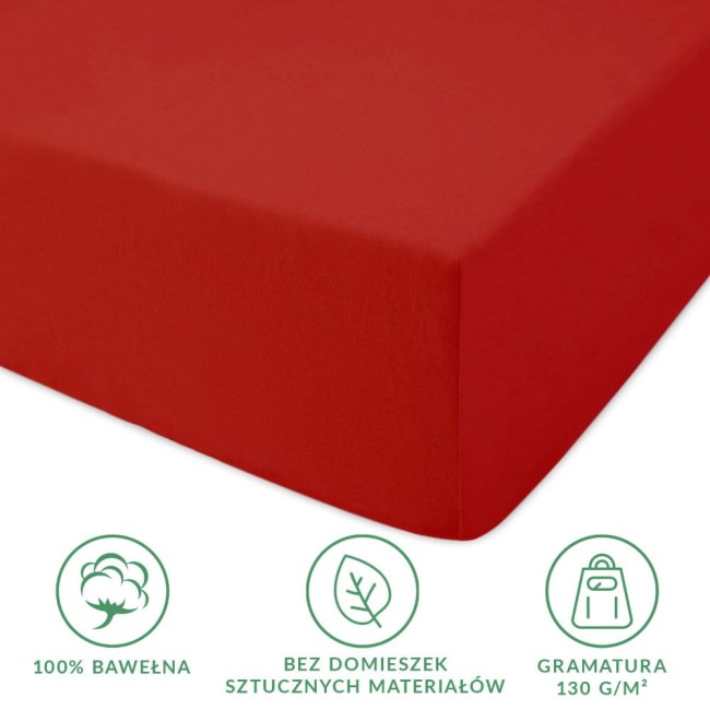 Prześcieradło jersey z gumką 180x200 w intensywnym czerwonym kolorze, z widoczną teksturą materiału, leżące na płaskiej powierzchni. W dolnej części ikony przedstawiające skład (100% bawełna), brak domieszek oraz gramaturę.