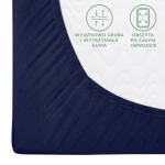 Prześcieradło jersey z gumką 180x200 w kolorze ciemnego granatu, widok z boku, rozłożone na powierzchni. Z gładką, elastyczną fakturą, obszyte przez cały obwód, z widocznymi detalami opisującymi gumo-wytrzymałość. Tło jednolite.