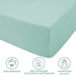 Jasnoniebieskie prześcieradło jersey z gumką 140x200 cm, wykonane w 100% z bawełny. Widoczne boki prześcieradła, gładka tekstura, bez wzorów. Ułożone na płaskiej powierzchni z białym tłem, podkreślającym jego kolor.