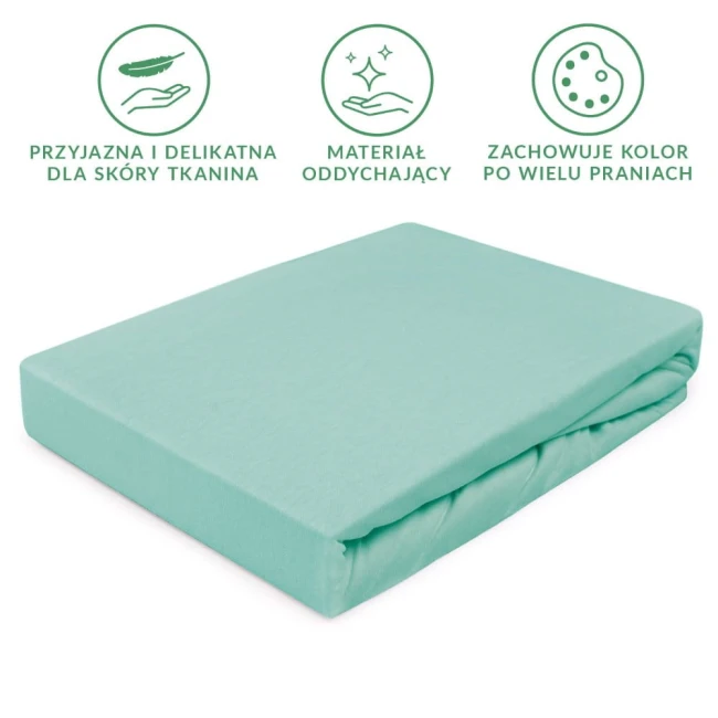 Prześcieradło jersey z gumką w kolorze jasnego turkusu, w rozmiarze 160x200 cm, leżące na równym tle. Widać delikatną fakturę tkaniny, która jest odporna na blaknięcie i przyjazna dla skóry. Produkt złożony, ukazuje krawędzie gumki.