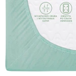 Prześcieradło jersey z gumką w jasnym turkusie, rozmiar 200x220 cm. Ujęcie z boku z zbliżeniem na gumę obszytą na całym obwodzie.