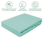 Prześcieradło jersey z gumką 90x200 w kolorze jasnego turkusu, leżące na białym tle. Materiał oddychający, przyjemny w dotyku, z widoczną gumką na krawędzi. Brak dodatkowych dekoracji lub napisów.