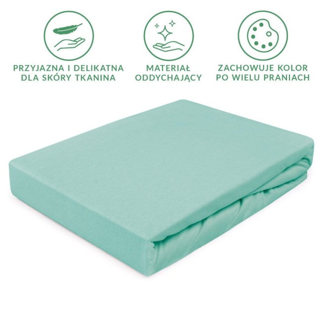 Prześcieradło jersey z gumką 90x200 w kolorze jasnego turkusu, leżące na białym tle. Materiał oddychający, przyjemny w dotyku, z widoczną gumką na krawędzi. Brak dodatkowych dekoracji lub napisów.