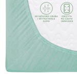 Prześcieradło jersey z gumką 90x200 w kolorze jasnym turkusie, leżące na białym tle. Widoczna gruba, wytrzymała guma oraz obrzucenie po całym obwodzie. Ujęcie z góry, ukazujące fakturę materiału oraz detale wykończenia.