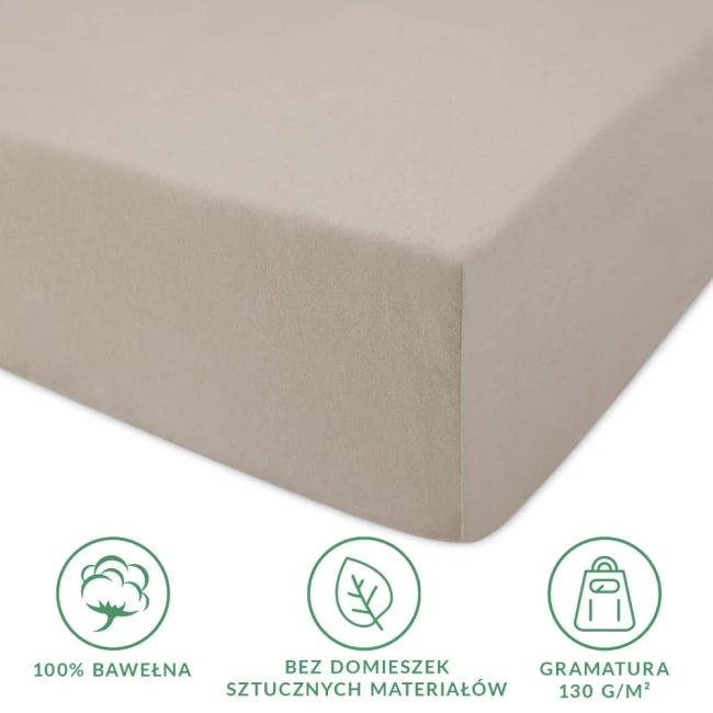 Prześcieradło jersey z gumką w kolorze kakao, wykonane w 100% z bawełny, o gramaturze 130 g/m². Produkt leży na jednolitym tle, z widoczną elastyczną krawędzią. Brak domieszek sztucznych materiałów.