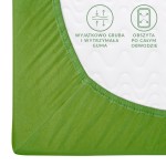 Prześcieradło jersey z gumką 140x200 w kolorze kaktus, leżące na białym tle. Zbliżenie na narożnik, zachwyca intensywną zielenią oraz wyjątkowo grubą, wytrzymałą gumą, która obszernie otacza materac. Widoczne napisy opisujące właściwości produktu.