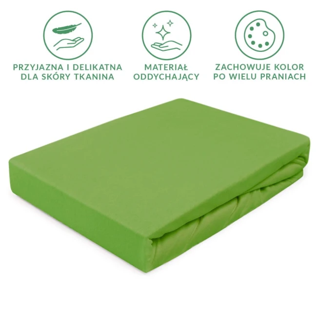 Prześcieradło jersey z gumką 200x220 w kolorze kaktusowym, leżące na białym tle. Produkt ma wymiary 200x220 cm, wykonany z delikatnej, oddychającej tkaniny. Widoczne jest złożenie materiału, a gumka zabezpiecza prześcieradło przed przesuwaniem się.