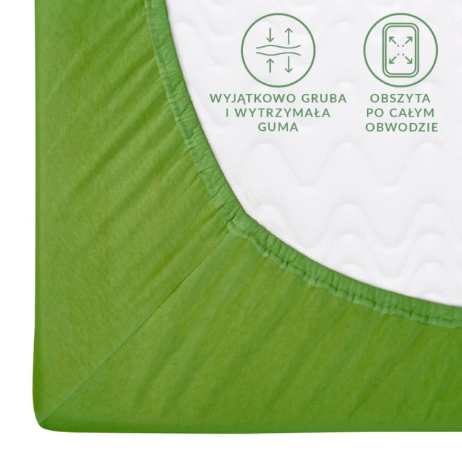 Prześcieradło jersey z gumką 200x220 w kolorze kaktus, leżące na białym tle. Wyraźnie widoczna gruba guma obwodowa, zapewniająca mocne trzymanie. W zestawie napis Wyjątkowo gruba i wytrzymała guma oraz Obsztyta po całym obwodzie.