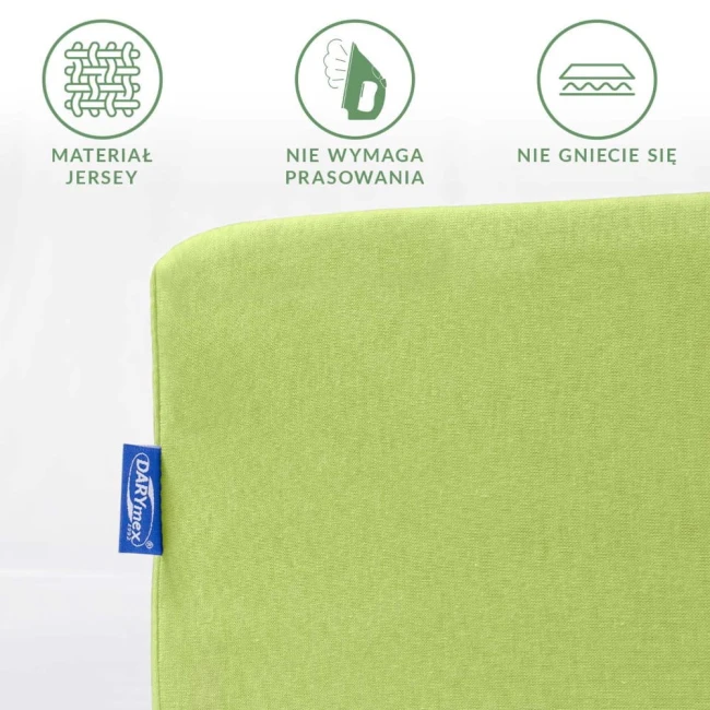 Prześcieradło jersey z gumką 140x200 w kolorze limonkowym, leżące na białym tle. Widoczne logo DARYNEX oraz informacje o materiale, braku konieczności prasowania i odporności na gniecenie. Gładka tekstura tkaniny.