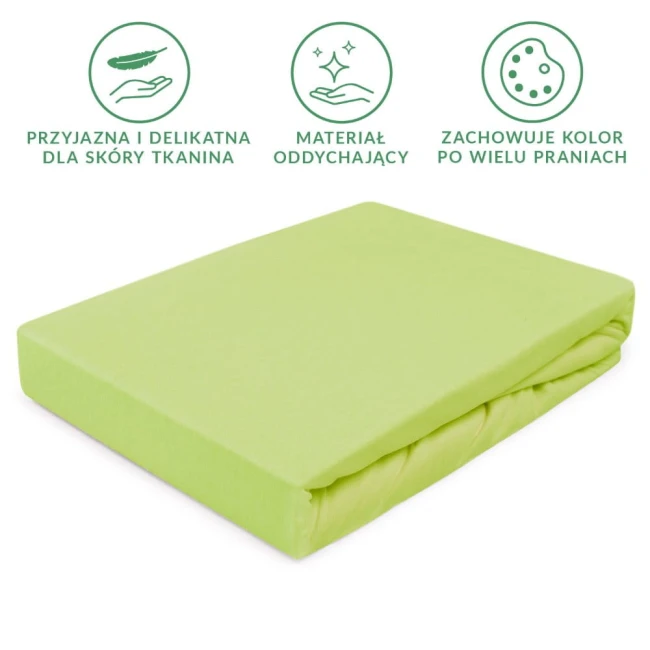 Prześcieradło jersey z gumką w kolorze limonki, rozmiar 38x80, leżące na białym tle. Tkanina jest gładka i elastyczna, idealnie dopasowująca się do materaca. Widoczne są detale gumki, zapewniającej stabilność. Brak widocznych napisów czy logo.