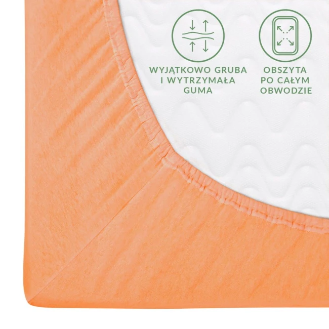 Prześcieradło jersey z gumką 140x200 w kolorze łososiowym, leżące na białym tle. Widoczny detal obwodu z mocną gumą oraz struktura materiału, z wymienionymi cechami: „wyjątkowo gruba i wytrzymała guma” oraz „obszyta po całym obwodzie”.