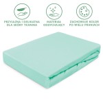 Prześcieradło jersey z gumką 80x160 w kolorze morskim, leżące na białym tle. Materiał o gładkiej fakturze, w całości pokrywa powierzchnię materaca, z widoczną gumką zapewniającą stabilność. Brak dodatkowych wzorów i dekoracji.
