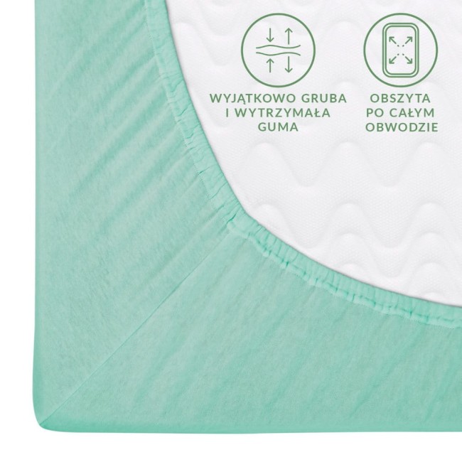 Prześcieradło jersey z gumką w kolorze morskim, rozmiar 80x160, z widoczną obwódką oraz etykietą opisującą cechy materiału.