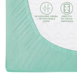 Prześcieradło jersey z gumką 120x200 w kolorze morskim, leżące na białym tle. Widoczna gruba i elastyczna guma, obszyta po obwodzie. Na materiale znajdują się napisy informujące o właściwościach produktu. Tekstura delikatna i gładka.