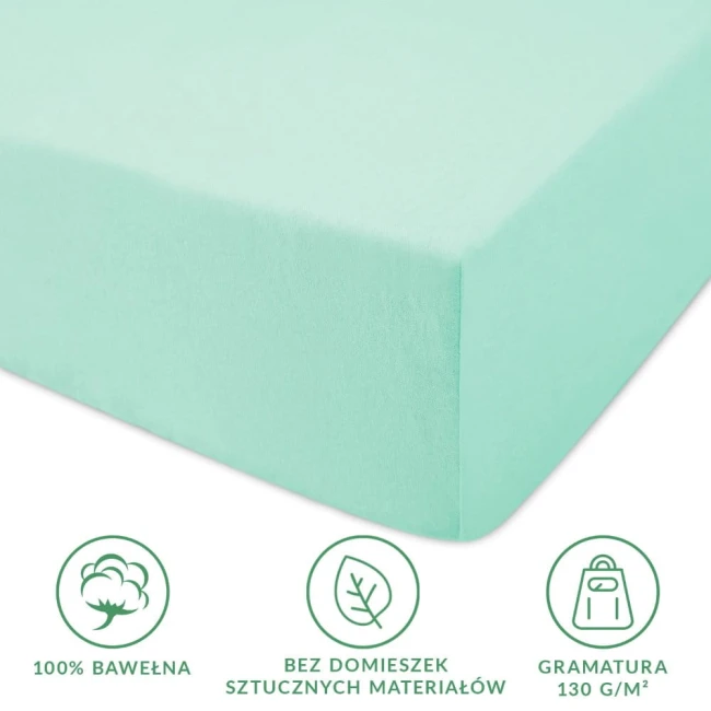 Prześcieradło jersey z gumką o wymiarach 90x200 w kolorze błękit morski, wykonane w 100% z bawełny, o gramaturze 130 g/m². Widoczne krawędzie są wykończone gumką, co zapewnia łatwe zakładanie na materac.