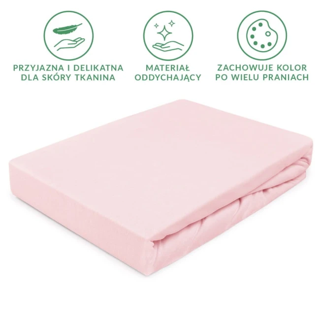 Prześcieradło jersey z gumką w kolorze różu kwarcowego, leżące na białym tle. Produkt wykonany z delikatnej, oddychającej tkaniny, idealny do łóżka o wymiarach 160x200 cm. Widoczna gumka zapewnia właściwe mocowanie na materacu.