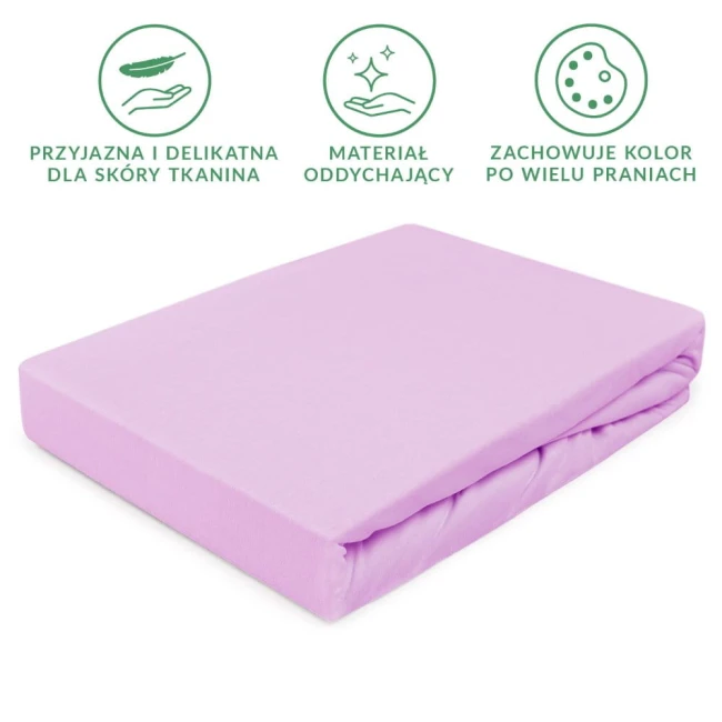 Prześcieradło jersey z gumką w kolorze wrzosowym, leżące na białym tle. Produkt ma gładką teksturę, z widocznym brzegiem gumki. Zostało zaprezentowane w sposób umożliwiający ocenę jego wymiarów 180x200 cm.