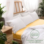 Prześcieradło jersey z gumką 40x90 w kolorze żółtym, rozłożone na materacu, z delikatnym zmarszczeniem. W tle widoczne poduszki i stół w drewnianym stylu. Na białym tle logo z napisem IDEALNIE PRZYLEGA DO MATERACA.