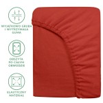 Prześcieradło frotte z gumką 90x200 w kolorze bordo, leżące, z widoczną elastyczną gumą obwodową. Tekstura materiału jest przyjemna w dotyku, a krawędzie są starannie obszyte. Na zdjęciu znajdują się też ikony przedstawiające cechy produktu.