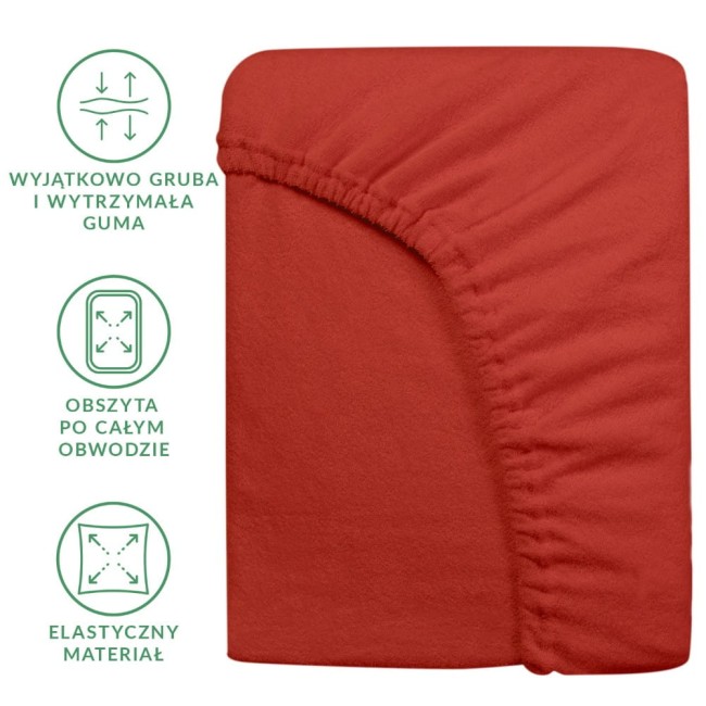 Prześcieradło frotte z gumką 90x200 w kolorze bordo, leżące, z widoczną elastyczną gumą obwodową. Tekstura materiału jest przyjemna w dotyku, a krawędzie są starannie obszyte. Na zdjęciu znajdują się też ikony przedstawiające cechy produktu.