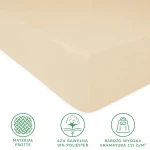 Prześcieradło frotte z gumką w kolorze jasnym beżu, rozmiar 90x200. Zbliżenie na materiał o wysokiej gramaturze 155 g/m², 82% bawełna, 18% poliester. Widoczne logo oraz detale związane z użytymi surowcami. Produkt leży na jednolitym tle.
