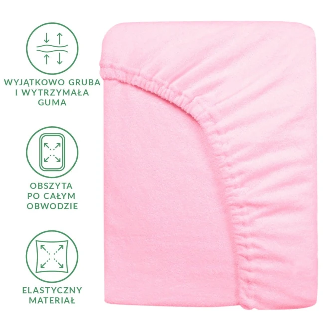 Prześcieradło frotte 90x200 w kolorze jasnego różu, z gumką obszytą po całym obwodzie. Widoczna miękka faktura materiału, produkt leży płasko na białym tle. Gumka zapewnia elastyczne dopasowanie do materaca.