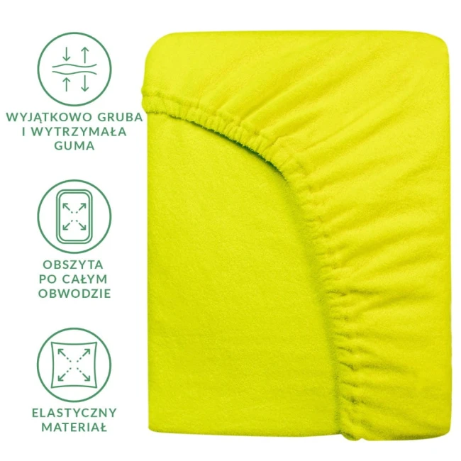 Prześcieradło frotte z gumką w kolorze limonka, rozmiar 90x200, leżące na płasko. Widoczna faktura materiału i elastyczna guma obszyta po całym obwodzie. Produkt na jednolitym tle, bez dodatkowych akcesoriów.