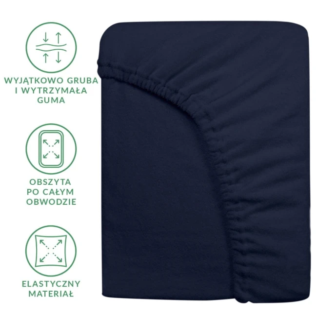 Prześcieradło frotte z gumką w kolorze ciemnym granatowym, leżące na białym tle. Widoczna wyjątkowo gruba guma obszyta po całym obwodzie oraz elastyczny materiał, który zapewnia dopasowanie do materaca.