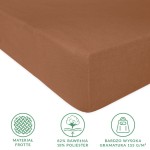 Prześcieradło frotte z gumką 120x200 w kolorze czekoladowym. Widok z góry, na rozłożonym tle. Materiał o wysokiej gramaturze (155 g/m²), z wyraźną teksturą. Na dole ikony informacyjne: skład (82% bawełna, 18% poliester) oraz wysoka jakość.