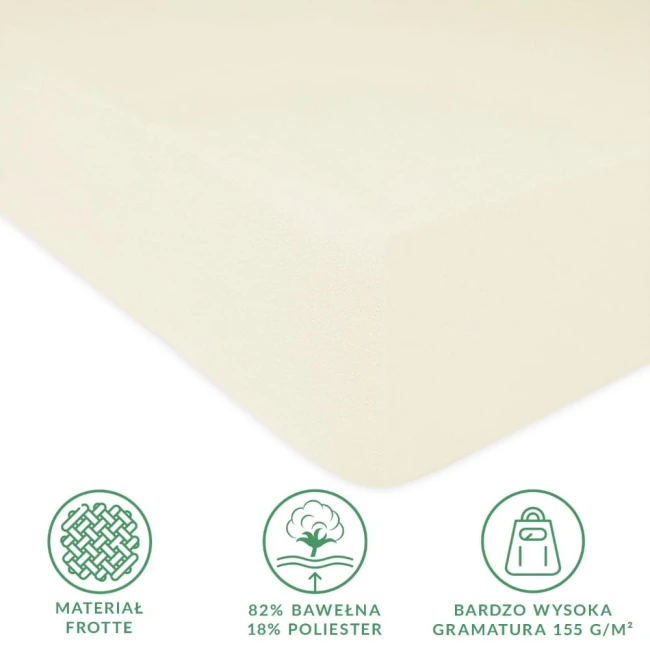 Prześcieradło frotte z gumką 120x200 w kolorze ecru, widoczne z góry, leżące na płaskiej powierzchni. Materiał o teksturze frotte, zawiera 82% bawełny i 18% poliestru. Wysoka gramatura 155 g/m², gumka zapewniająca dopasowanie.
