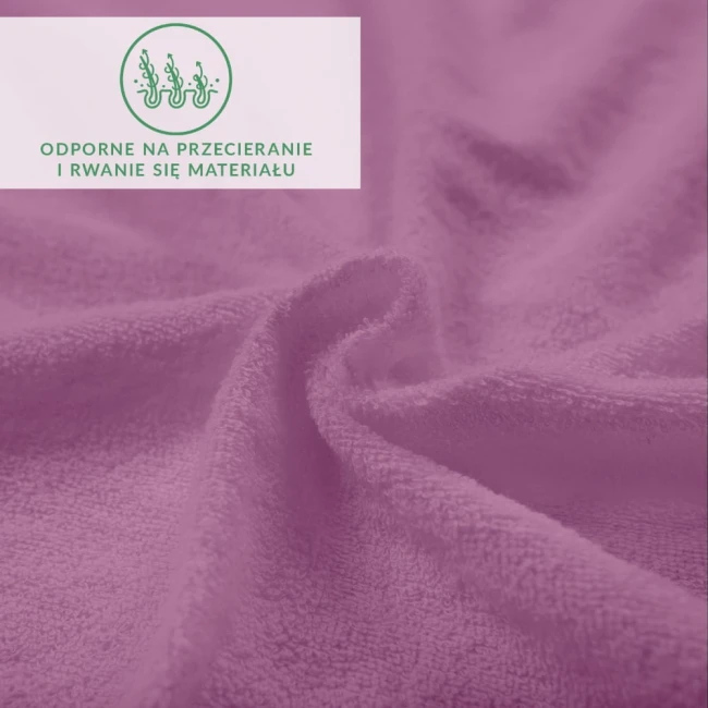 Prześcieradło frotte z gumką w jasnym fiolecie, o wymiarach 120x200 cm. Materiał o delikatnej, teksturowanej powierzchni, ukazany w zbliżeniu, z widocznymi szczegółami faktury. W tle logo informujące o odporności na przecieranie.