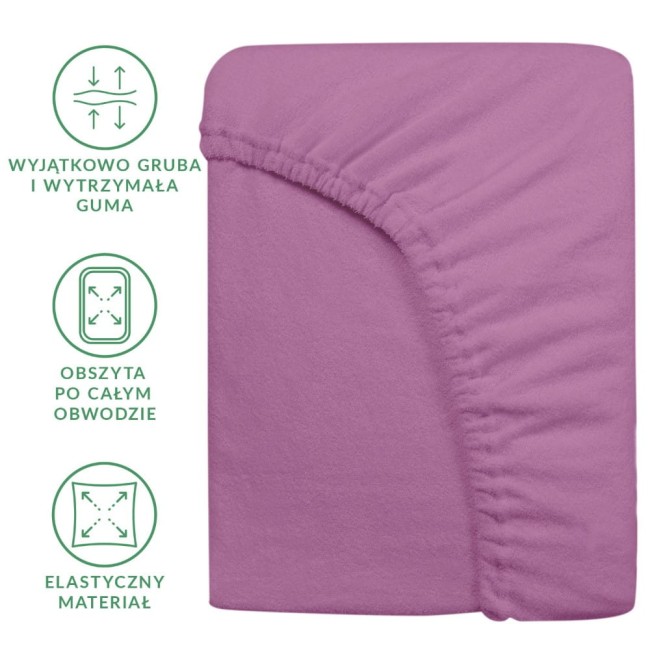 Prześcieradło frotte z gumką w kolorze jasnego fioletu, o wymiarach 120x200 cm. Widoczna elastyczna gumka oraz faktura materiału. Produkt leży na białym tle, ukazując detal obszytu po całym obwodzie.