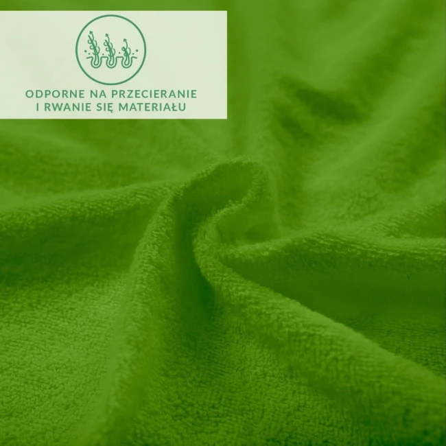 Prześcieradło frotte z gumką w intensywnym kolorze kaktus, prezentujące teksturowaną dzianinę o miękkiej strukturze. Ujęcie z bliska ukazuje detale materiału, idealne do łóżka o wymiarach 120x200 cm. Tło jednolite, w odcieniach zieleni.