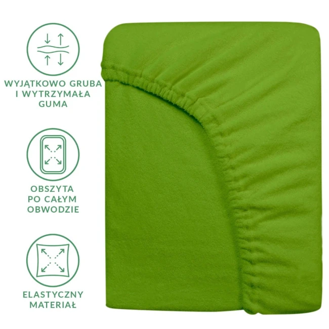 Prześcieradło frotte z gumką 120x200 w intensywnym kolorze kaktus. Ułożone na płasko, widoczne brzegi z elastycznym obszyciem. Materiał dzianinowy, tekstura lekko miękka. Gumka wytrzymała, oplata całość. Tło białe.