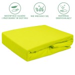 Prześcieradło frotte z gumką w kolorze limonkowym, o wymiarach 120x200 cm, leżące na boku, z gładką, teksturowaną powierzchnią. Widoczne cechy to elastyczna gumka oraz intensywny kolor. Tło białe, podkreślające produkt.