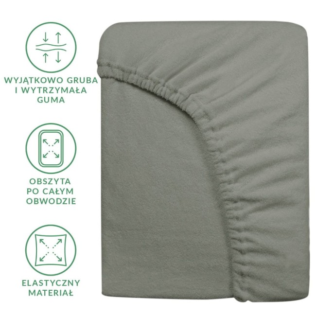 Prześcieradło frotte z gumką w kolorze szarym, z widoczną elastyczną krawędzią, leżące na płaskiej powierzchni. Guma obszyta po całym obwodzie, co zapewnia stabilność. Materiał jest miękki w dotyku i teksturowany.