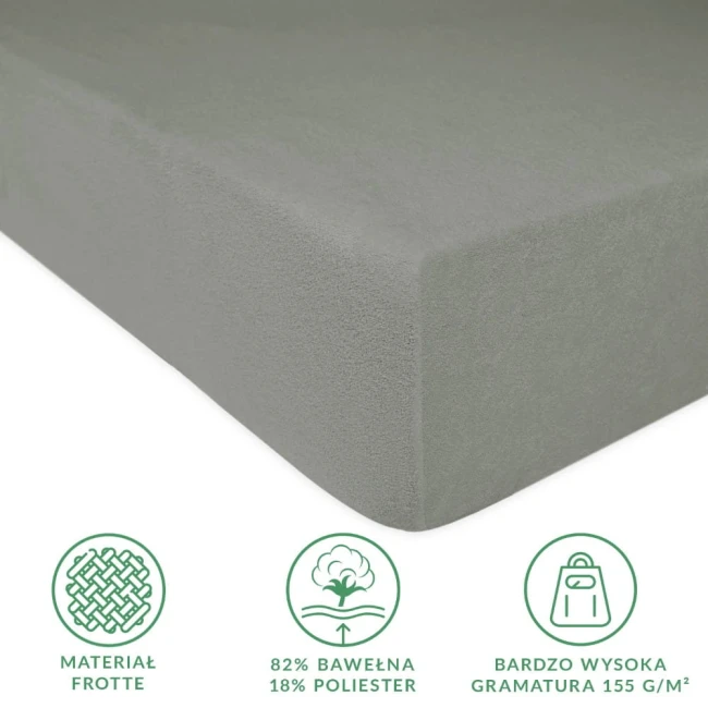 Prześcieradło frotte z gumką w kolorze szarym, wykonane z 82% bawełny i 18% poliestru, rozmiar 120x200 cm. Zbliżenie na boczną krawędź, pokazujące teksturę materiału oraz gumkę mocującą. Tło proste, podkreślające produkt.
