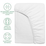 Prześcieradło frotte z gumką 140x200 w kolorze białym, leżące na białym tle. Widoczna elastyczna guma obłożona po całym obwodzie oraz tekstura materiału. Brak dekoracji i dodatkowych detali.