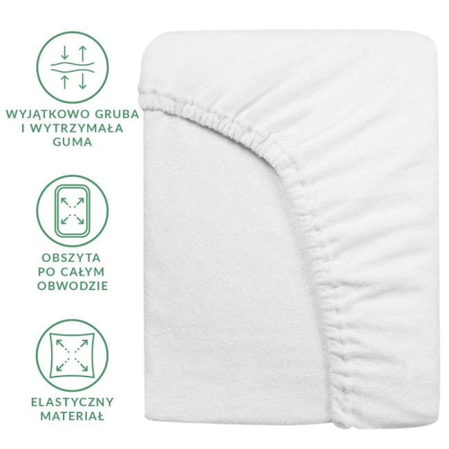 Prześcieradło frotte z gumką 140x200 w kolorze białym, leżące na białym tle. Widoczna elastyczna guma obłożona po całym obwodzie oraz tekstura materiału. Brak dekoracji i dodatkowych detali.