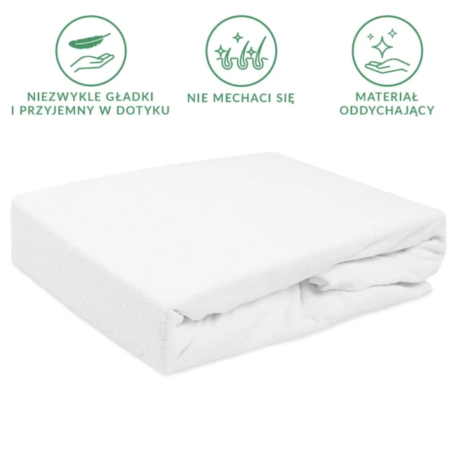 Prześcieradło frotte z gumką 140x200 w kolorze białym, położone na płasko. Materiał o miękkiej, teksturowanej fakturze, idealne do łóżka. Produkt z górną krawędzią wykonaną w gumkę, co zapewnia łatwe dopasowanie do materaca.