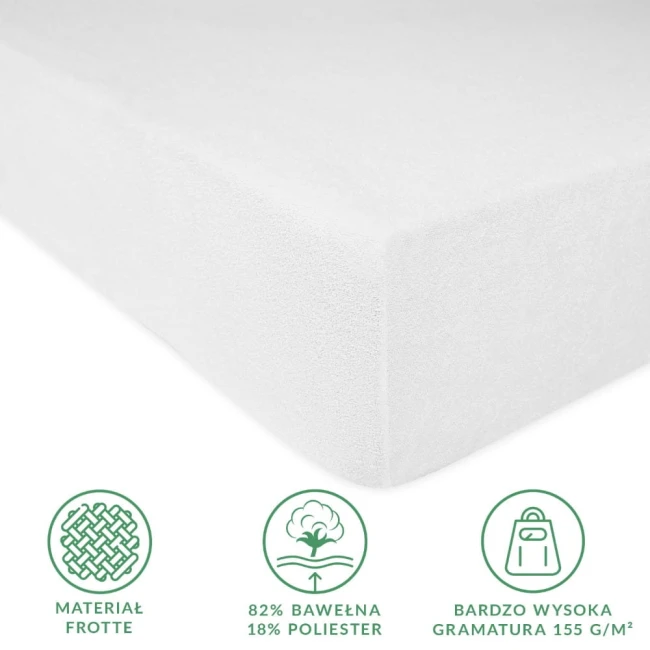 Prześcieradło frotte z gumką w kolorze białym, o wymiarach 140x200 cm. Ujęcie z boku ukazuje gładką teksturę materiału, wykonane w 82% z bawełny i 18% z poliestru, o gramaturze 155 g/m². Prosta kompozycja na jasnym tle.
