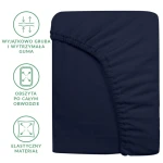 Prześcieradło frotte z gumką w kolorze ciemnego granatu o wymiarach 140x200. Produkt leży, ukazując obszytą guma oraz teksturę materiału. Widoczne detale to elastyczny materiał oraz dodatkowe informacje graficzne. Tło jednolite.
