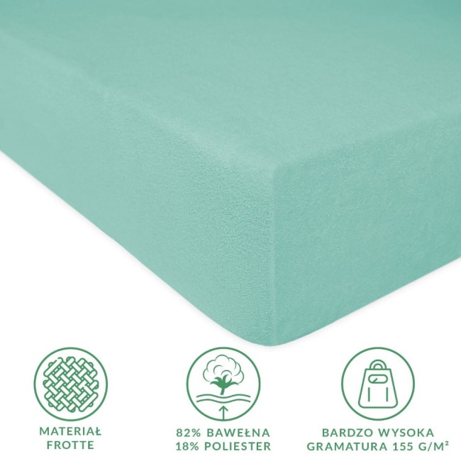 Prześcieradło frotte 140x200 w kolorze jasnego turkusu, z gumką, leżące na płaskiej powierzchni. Materiał o wysokiej gramaturze 155 g/m², tekstura miękka i przyjemna w dotyku. Widoczne oznaczenia dotyczące składu materiału.
