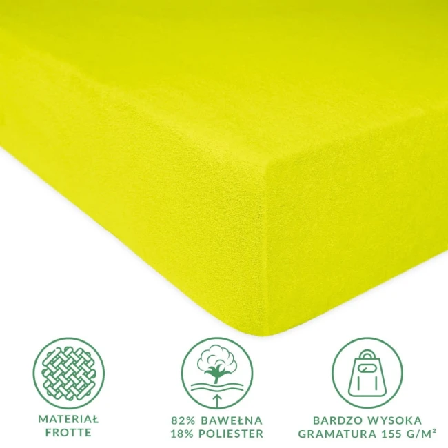 Prześcieradło frotte z gumką w kolorze limonkowym, rozmiar 140x200 cm, leżące na białym tle. Widać teksturę materiału, który składa się z 82% bawełny i 18% poliestru. Widoczne ikony z informacjami o składzie oraz gramaturze 155 g/m².