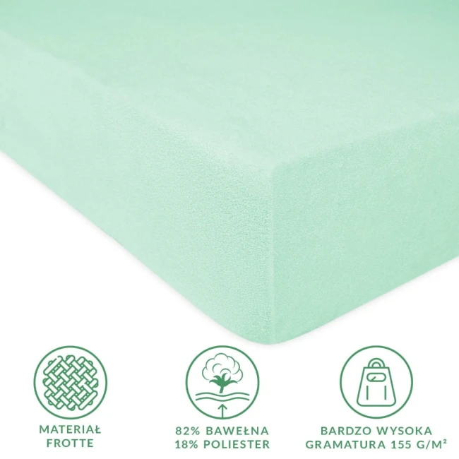 Prześcieradło frotte z gumką w kolorze błękit morski o wymiarach 140x200 cm, leżące na jednolitym tle. Materiał złożony w 82% z bawełny i 18% z poliestru, charakteryzuje się miękką teksturą i wysoką gramaturą 155 g/m².